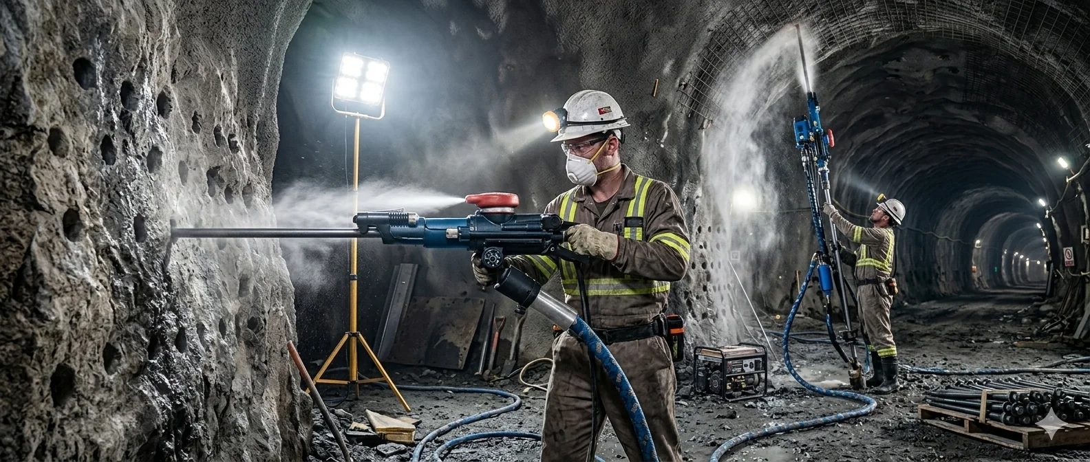 Pneumatic rock drill equipment used in underground mining operations